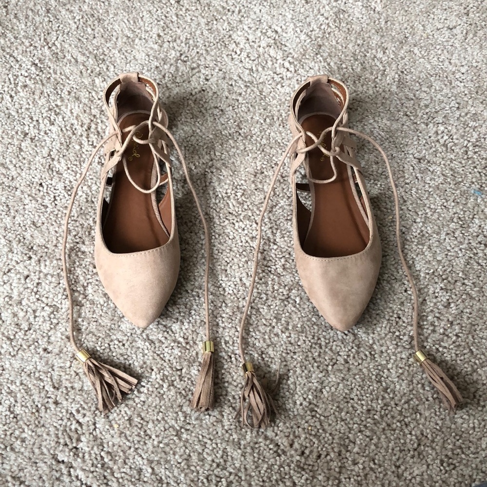 Pink blush/nude lace up flats (suede material)
